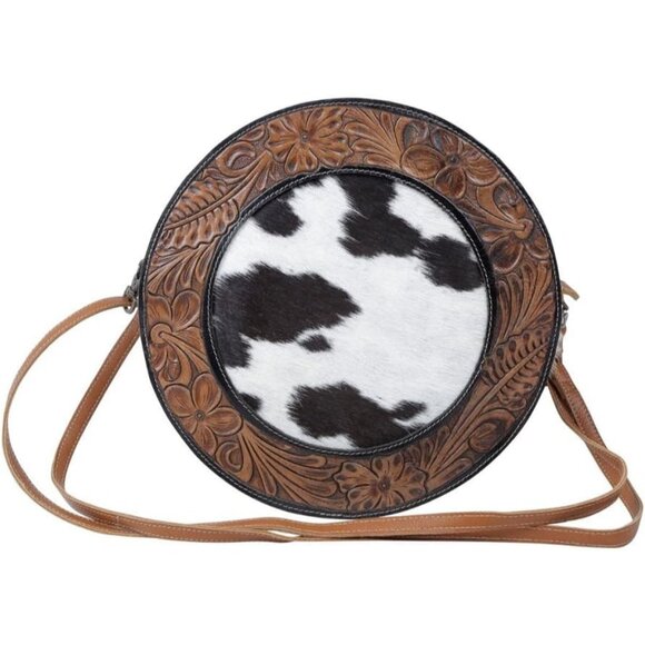 Roundle Women's Western Cowhide Leather Crossbody Bag S-4945 Floral Tooled Desig - Picture 1 of 6